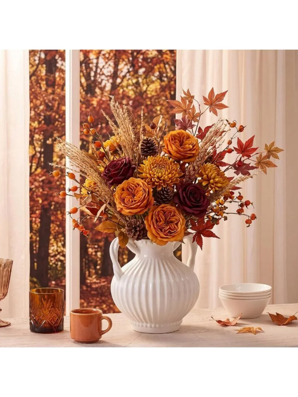 Ivory Ceramic Vase with 2 Handles - Vintage Rustic Fall Home Decor Accent